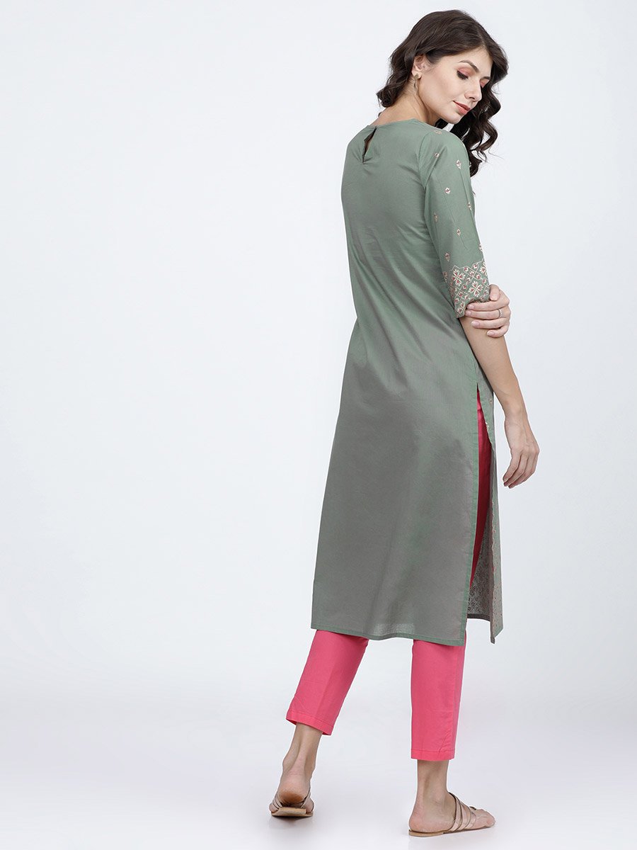 Women Olive Ethnic Motifs Printed Cotton Kurta