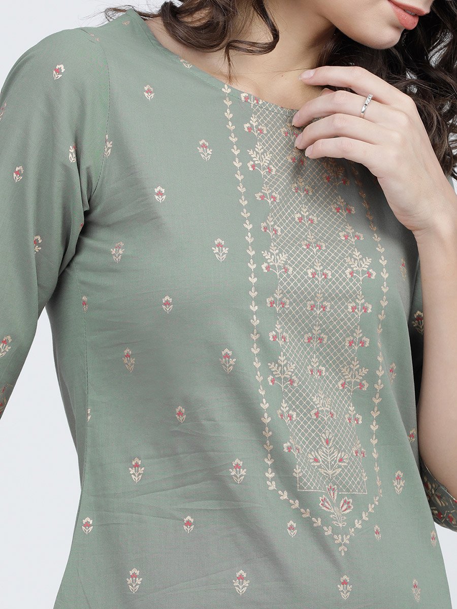 Women Olive Ethnic Motifs Printed Cotton Kurta
