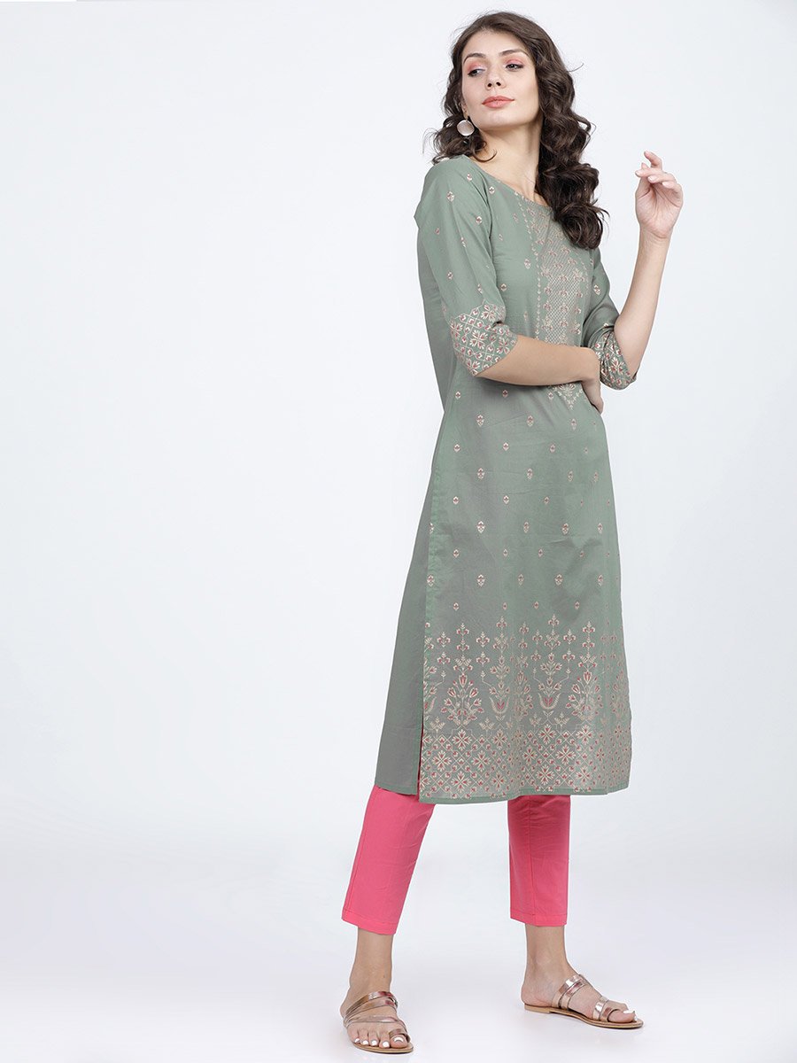 Women Olive Ethnic Motifs Printed Cotton Kurta
