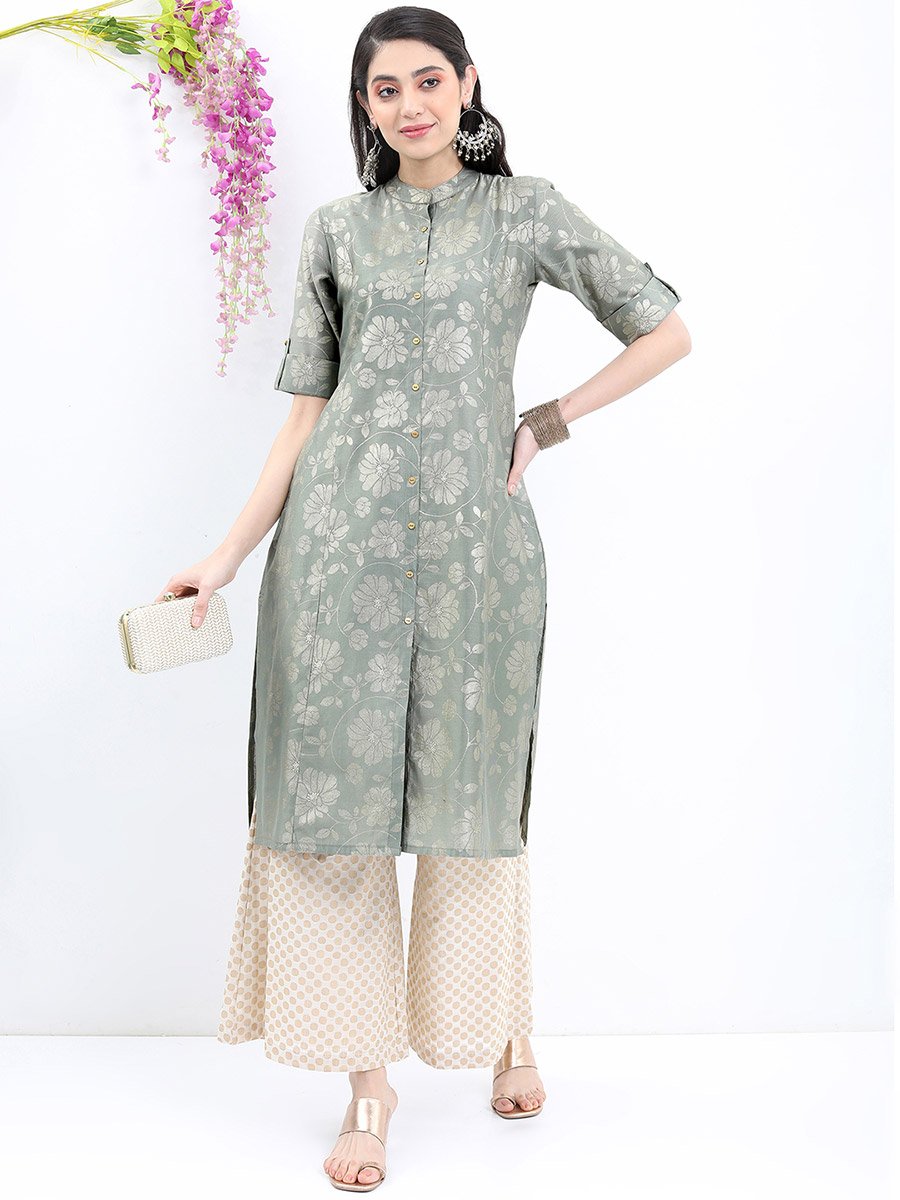 Floral Printed Band Collar A-Line Kurta