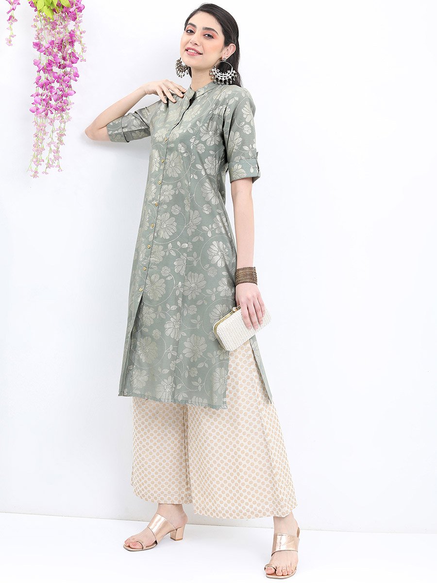 Floral Printed Band Collar A-Line Kurta