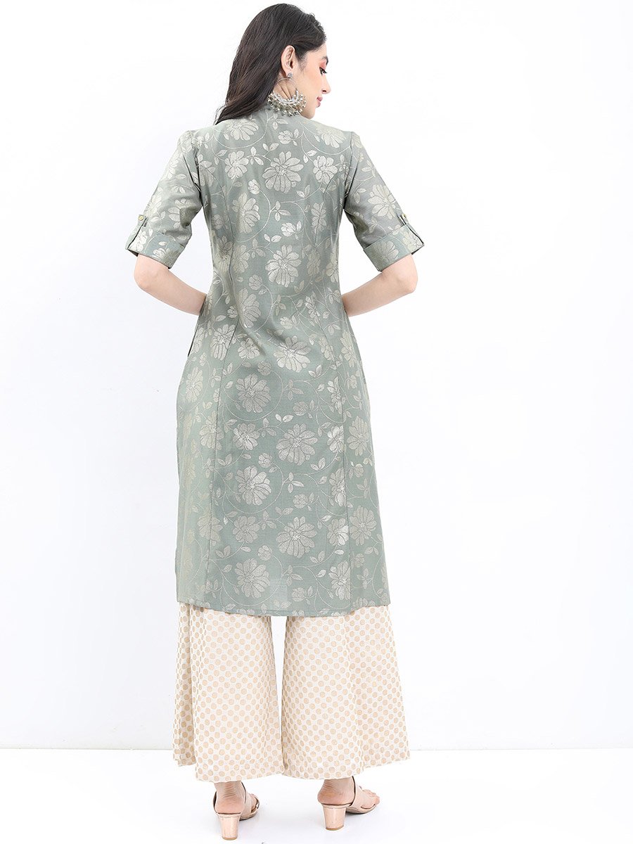 Floral Printed Band Collar A-Line Kurta