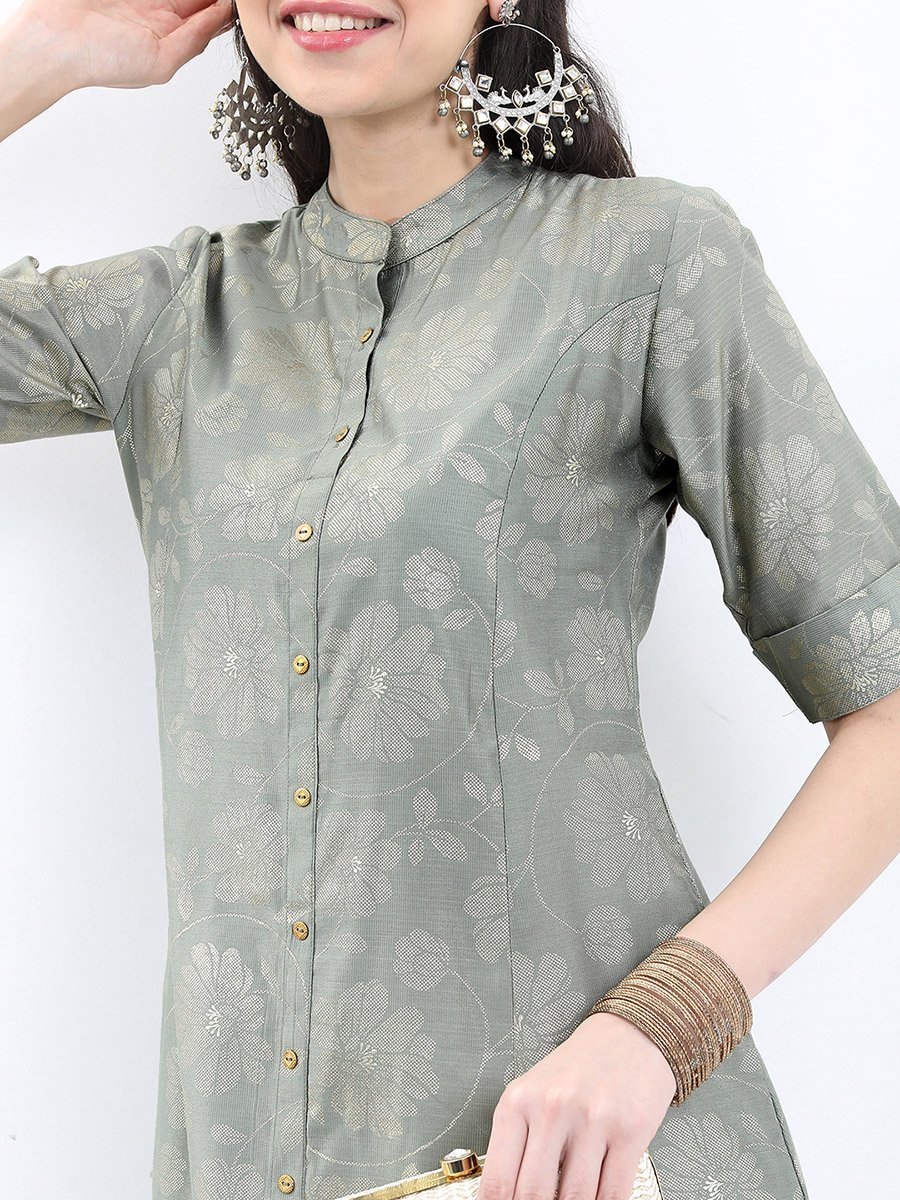 Floral Printed Band Collar A-Line Kurta