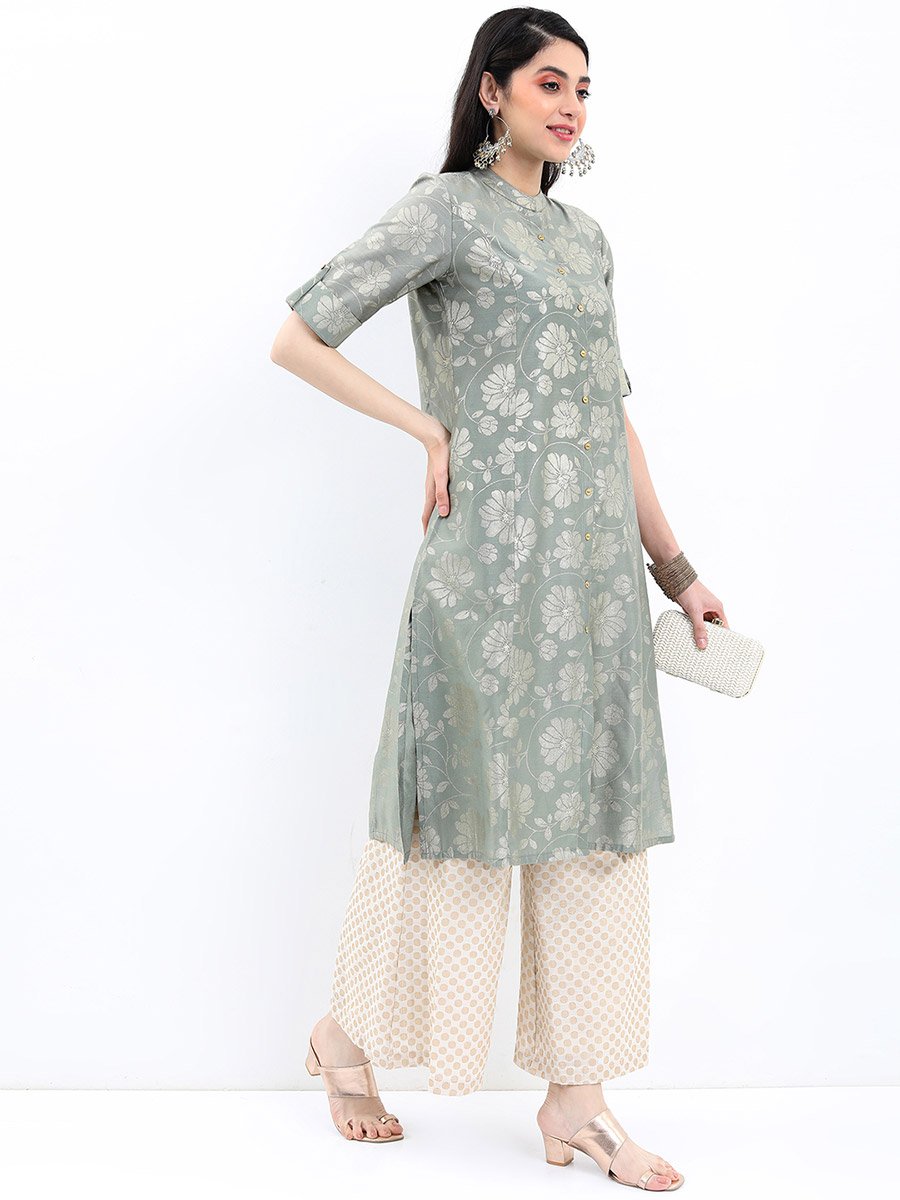Floral Printed Band Collar A-Line Kurta