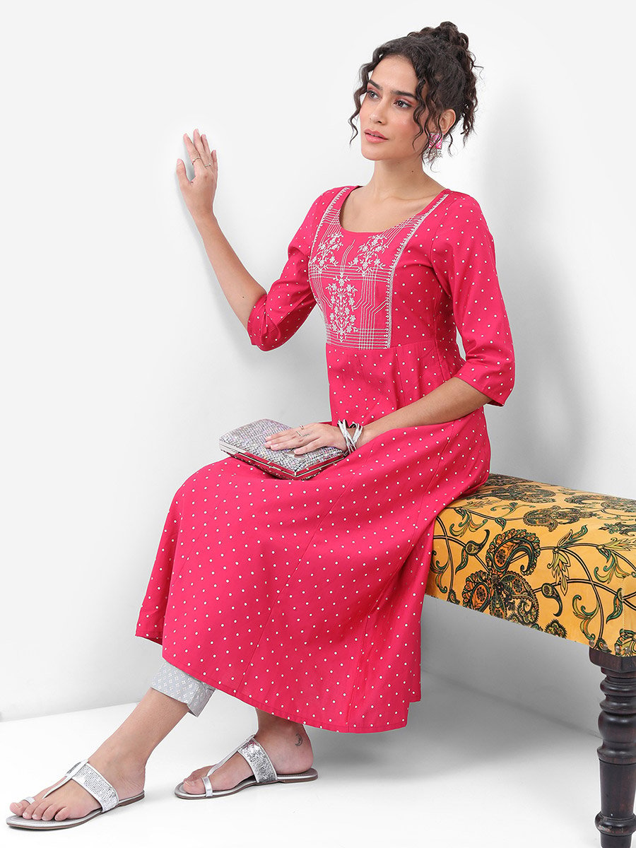 Pink and White Floral Embroidered Anarkali Kurta
