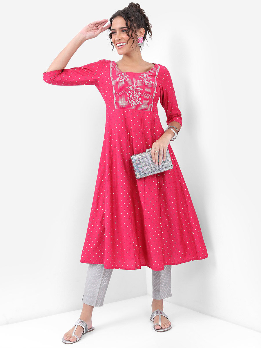 Pink and White Floral Embroidered Anarkali Kurta