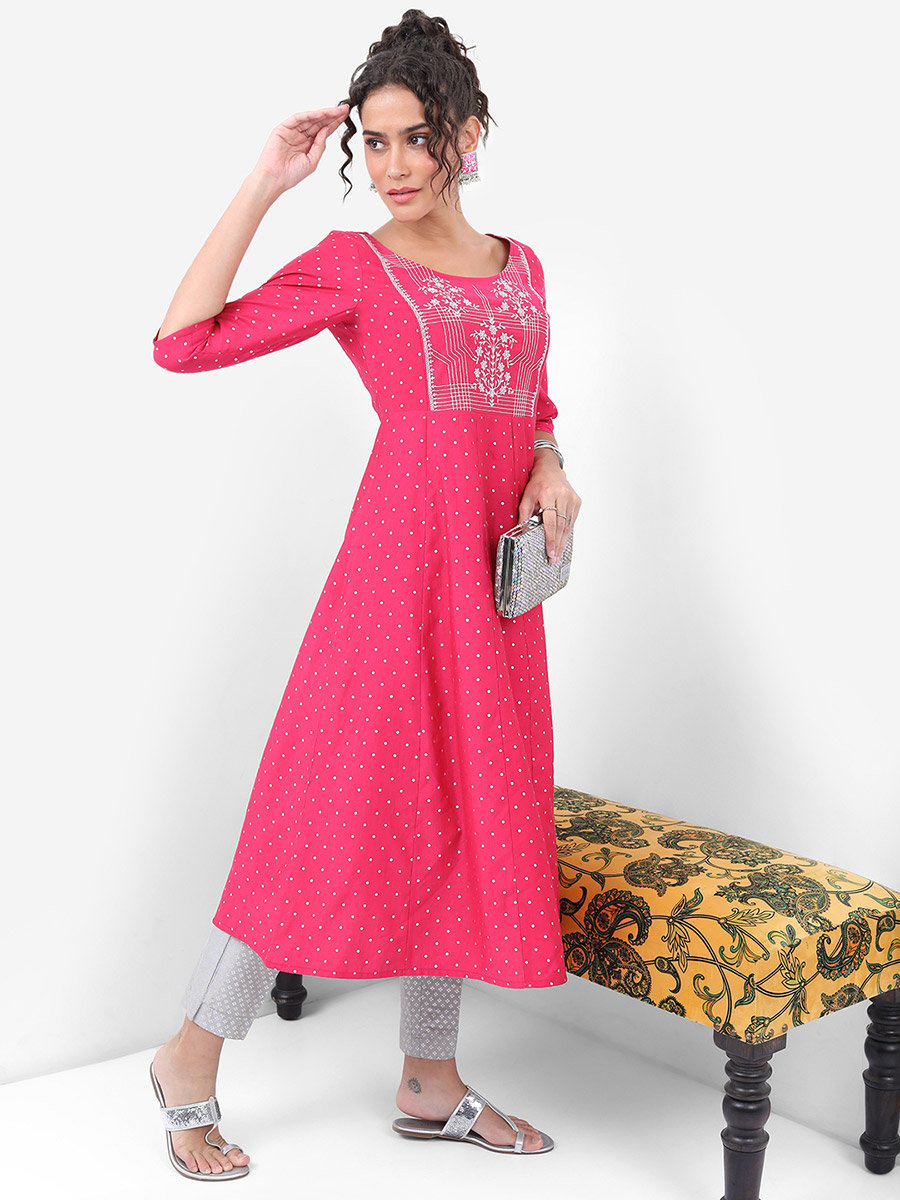 Pink and White Floral Embroidered Anarkali Kurta