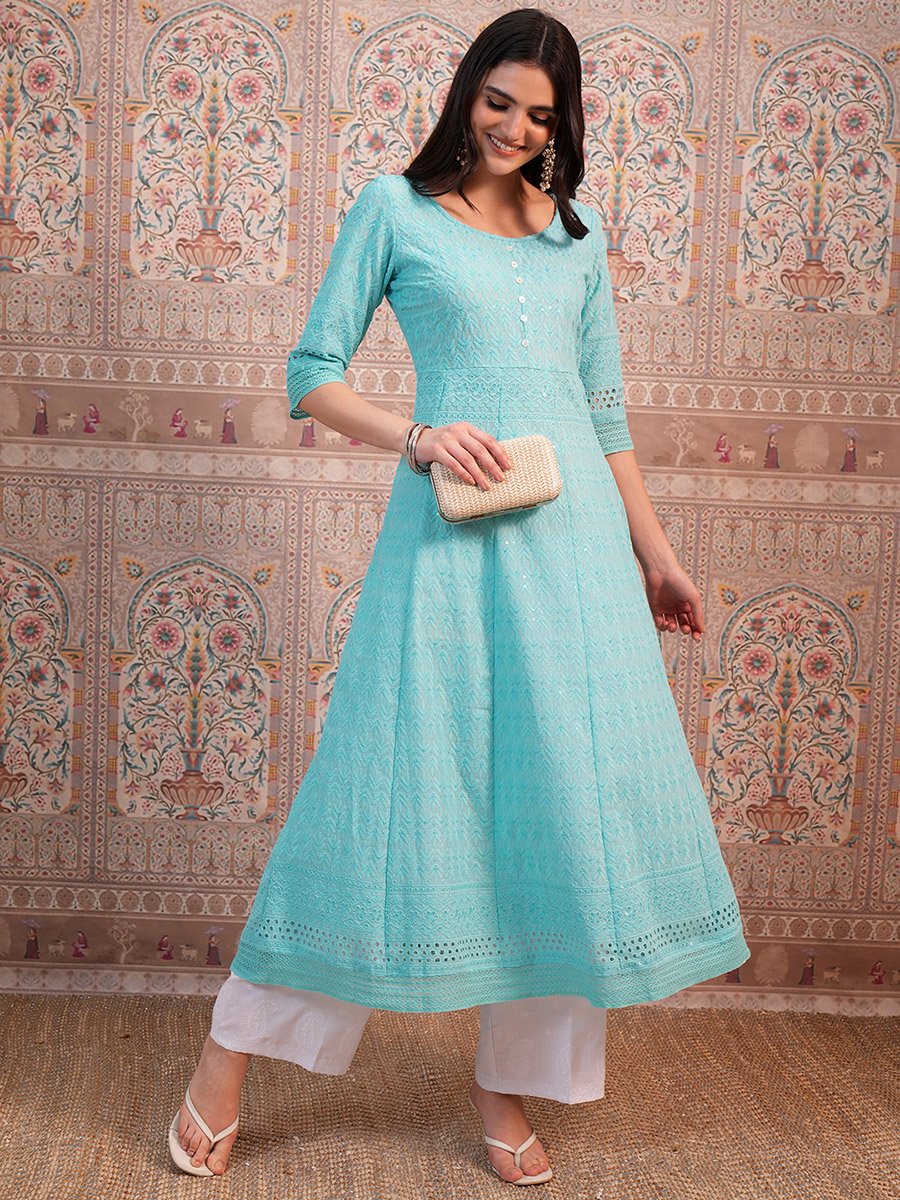 Blue Ethnic Motifs Embroidered Sequined Anarkali Kurta