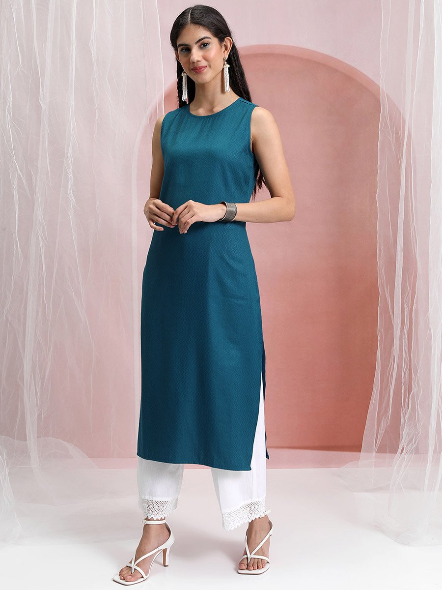 Teal Blue Sleeveless Straight Kurta
