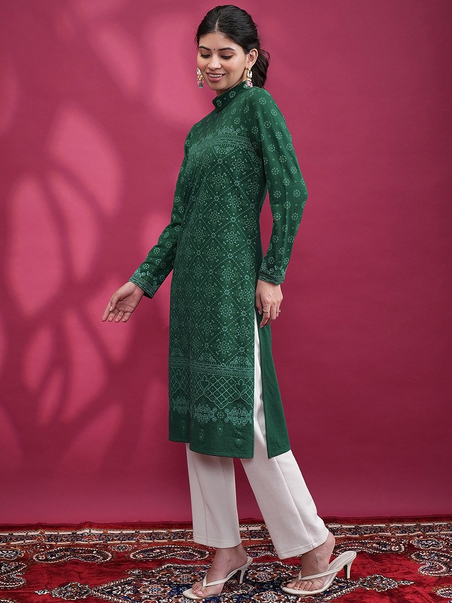 High Neck Ethnic Motifs Thread Work Kurta