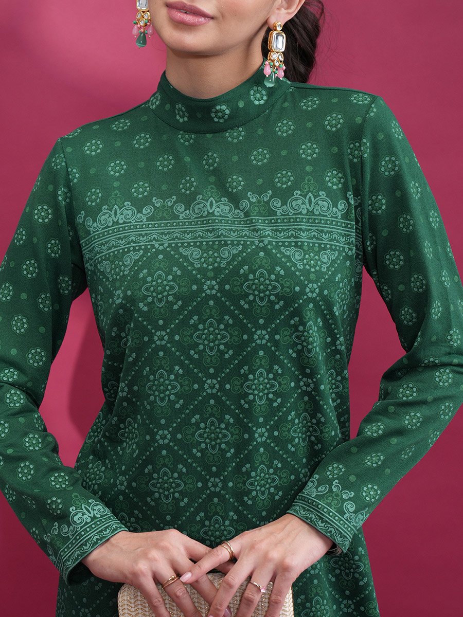 High Neck Ethnic Motifs Thread Work Kurta