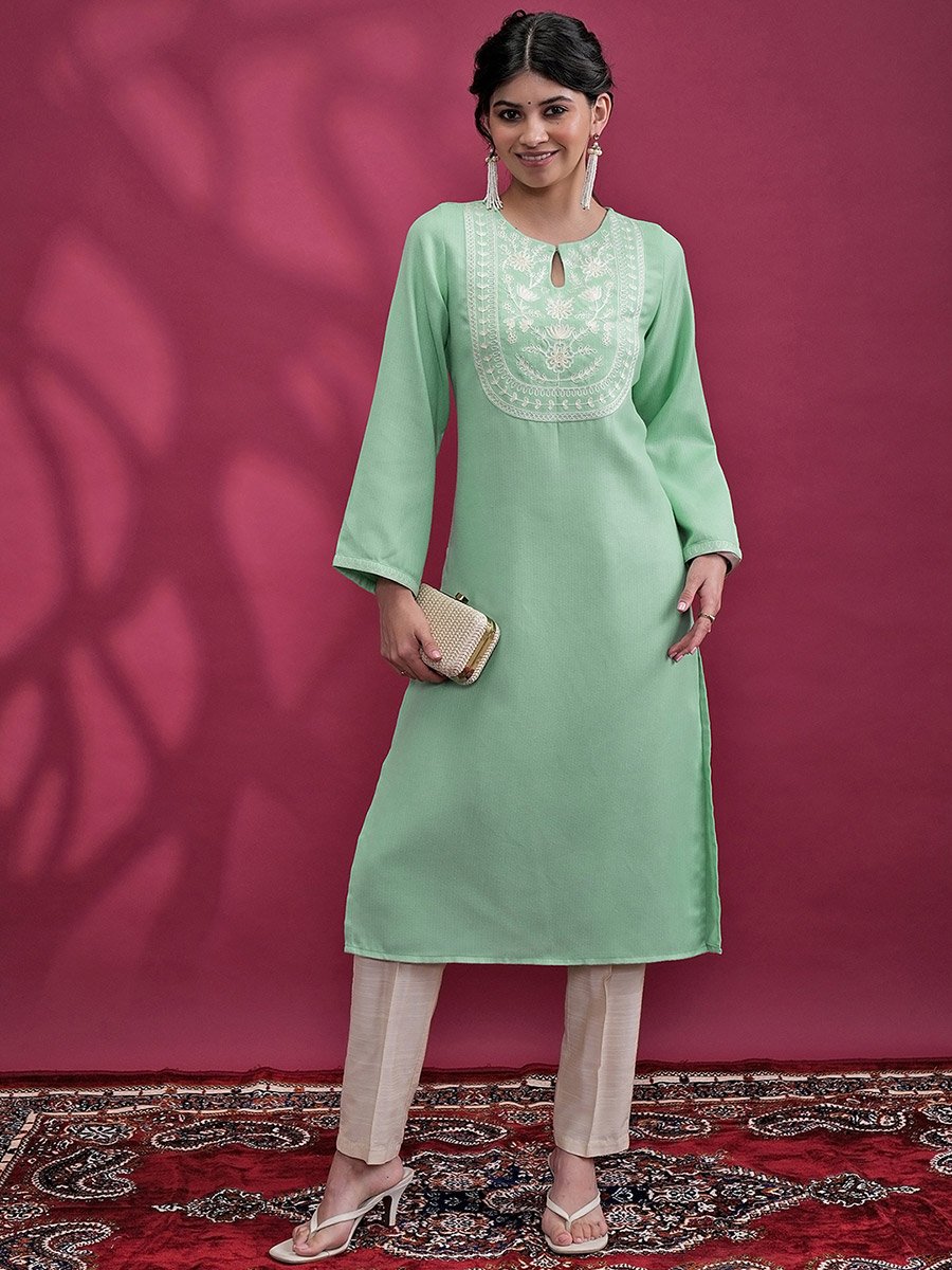 Green Embroidered Keyhole Neck Kurta Set for Women