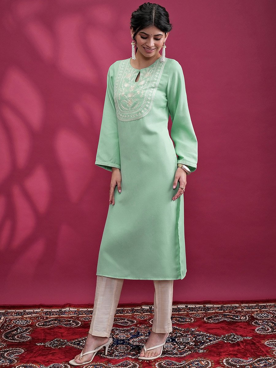 Green Embroidered Keyhole Neck Kurta Set for Women