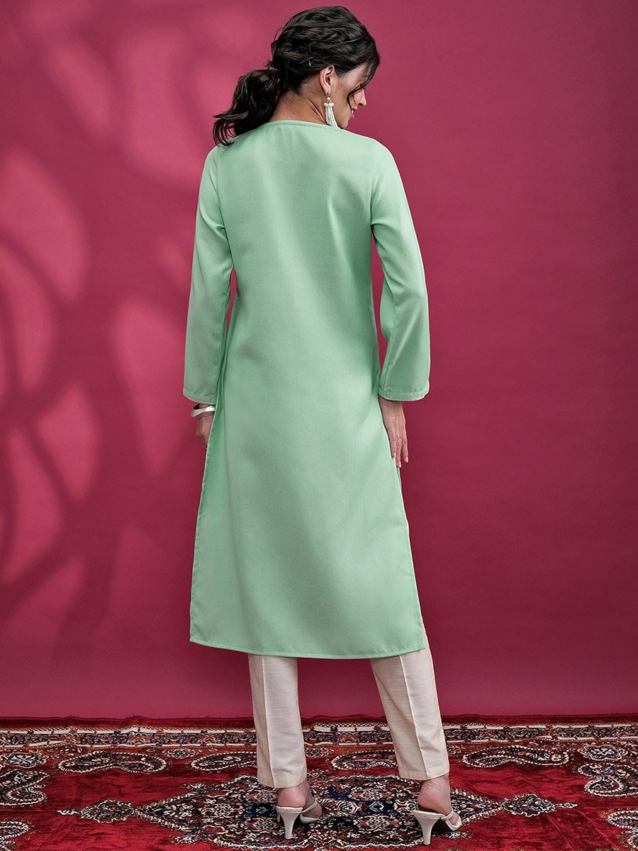 Green Embroidered Keyhole Neck Kurta Set for Women