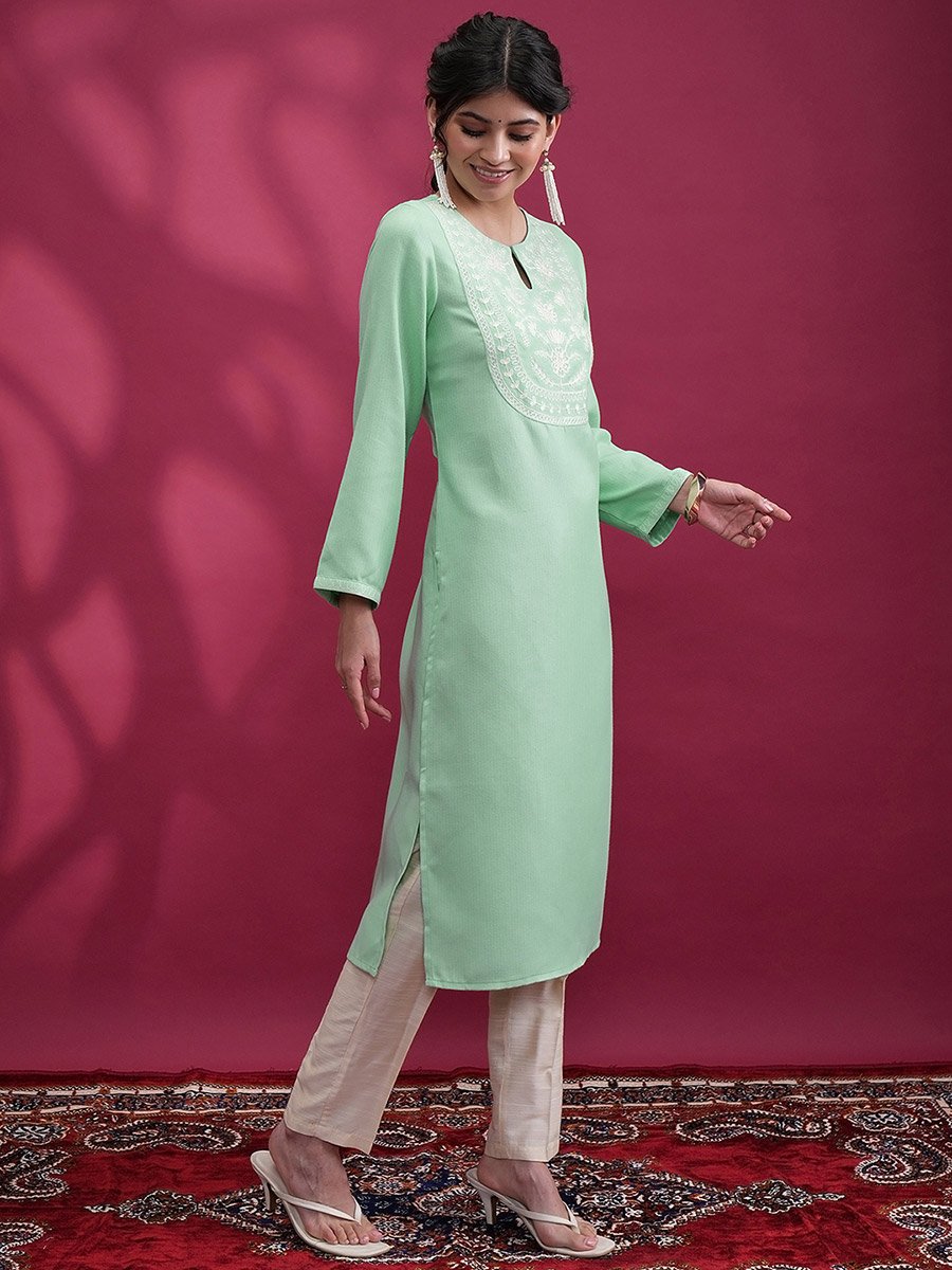 Green Embroidered Keyhole Neck Kurta Set for Women