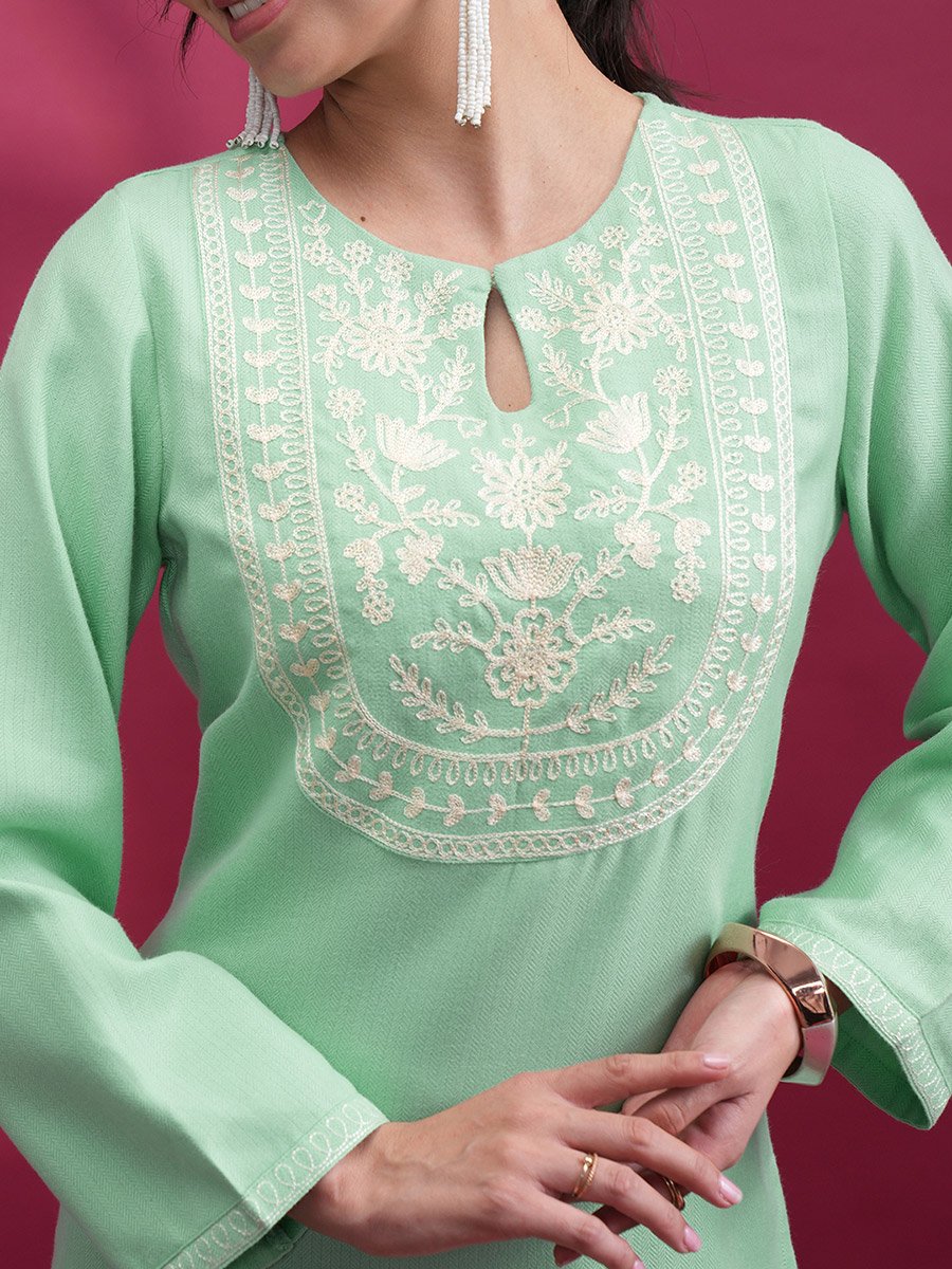 Green Embroidered Keyhole Neck Kurta Set for Women