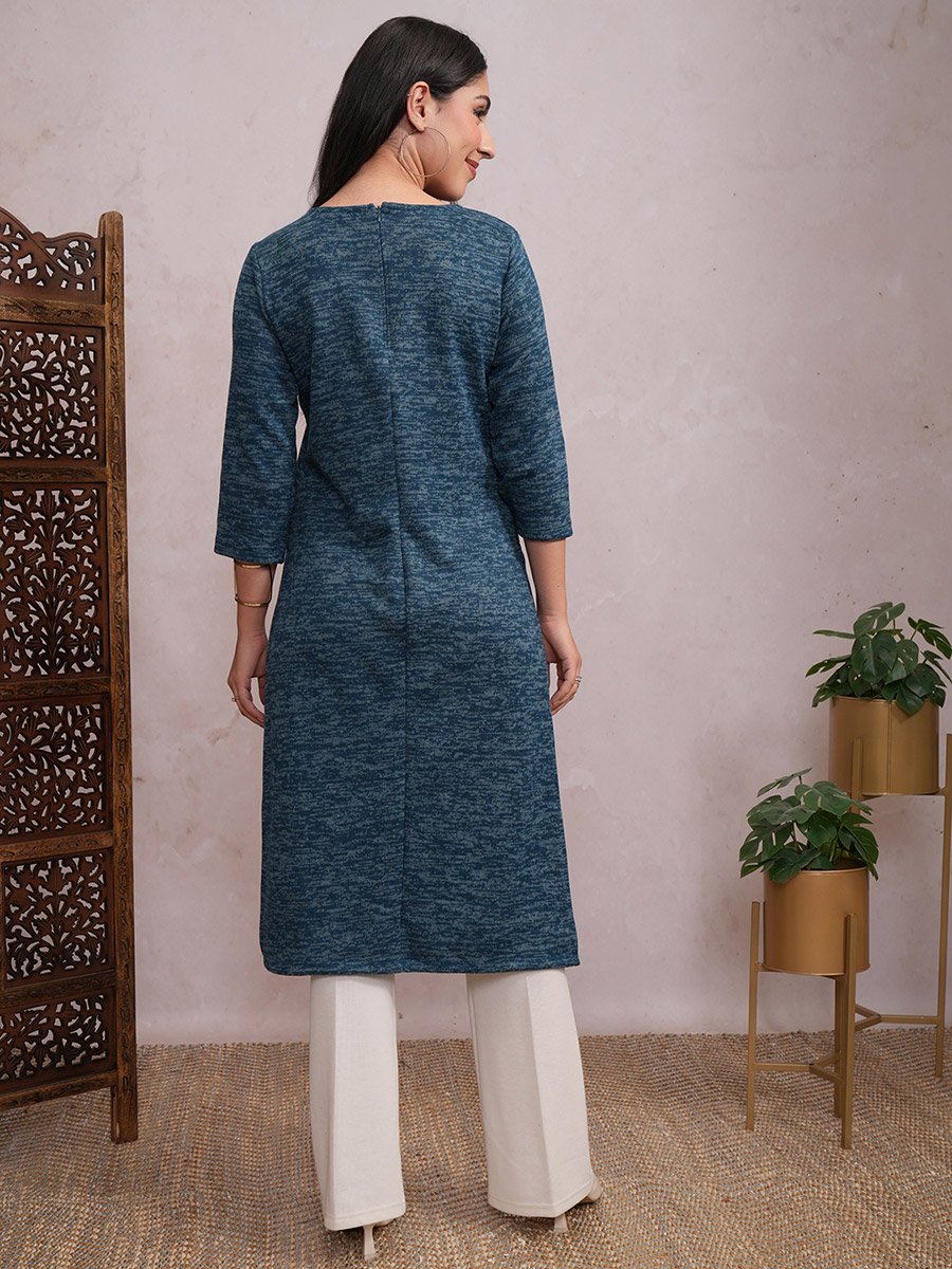 Teal Blue Abstract Printed Sequined Straight Kurta