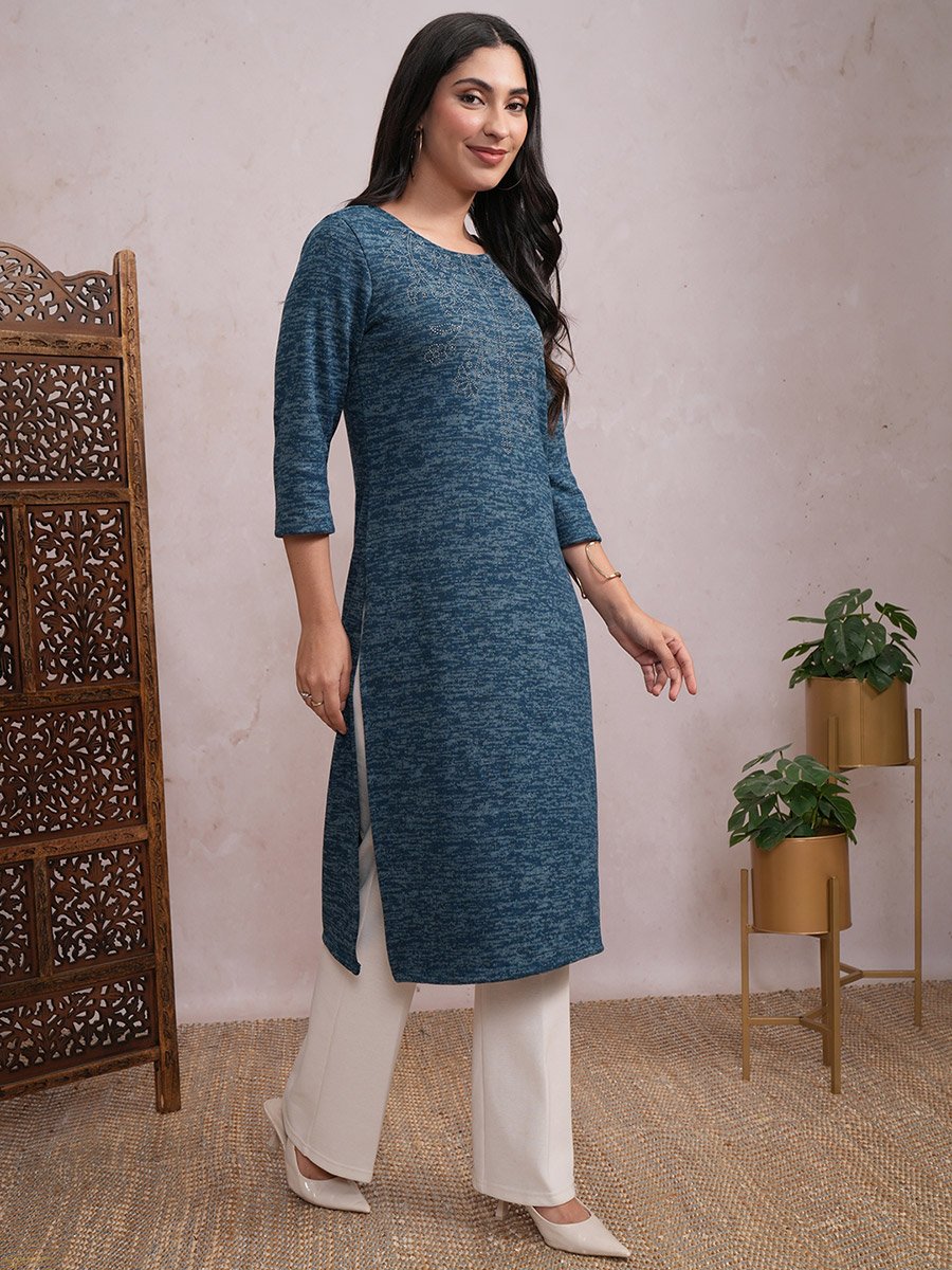Teal Blue Abstract Printed Sequined Straight Kurta