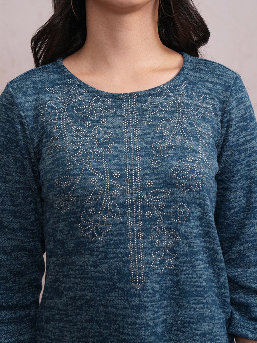 Teal Blue Abstract Printed Sequined Straight Kurta