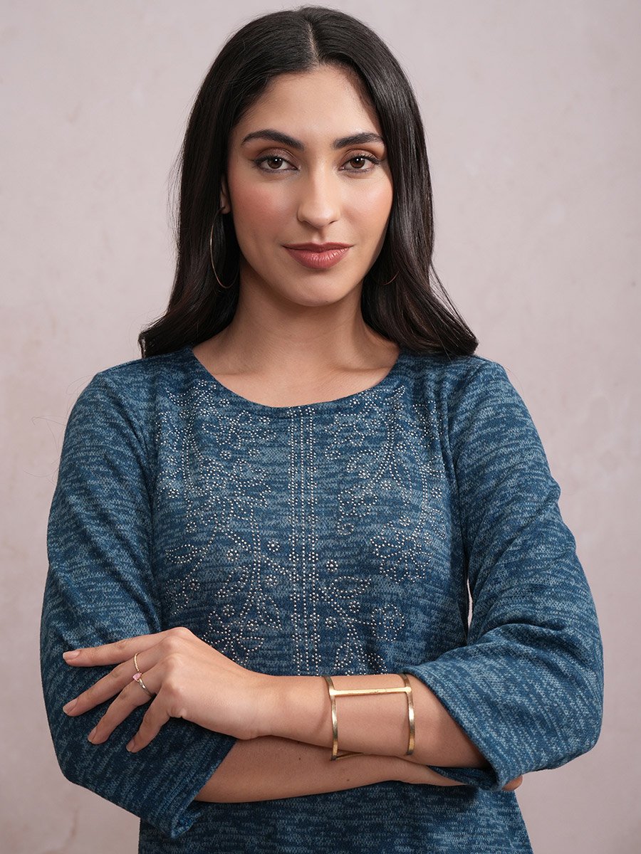 Teal Blue Abstract Printed Sequined Straight Kurta