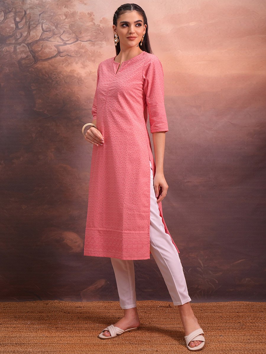Pink Floral Embroidered Straight Kurta