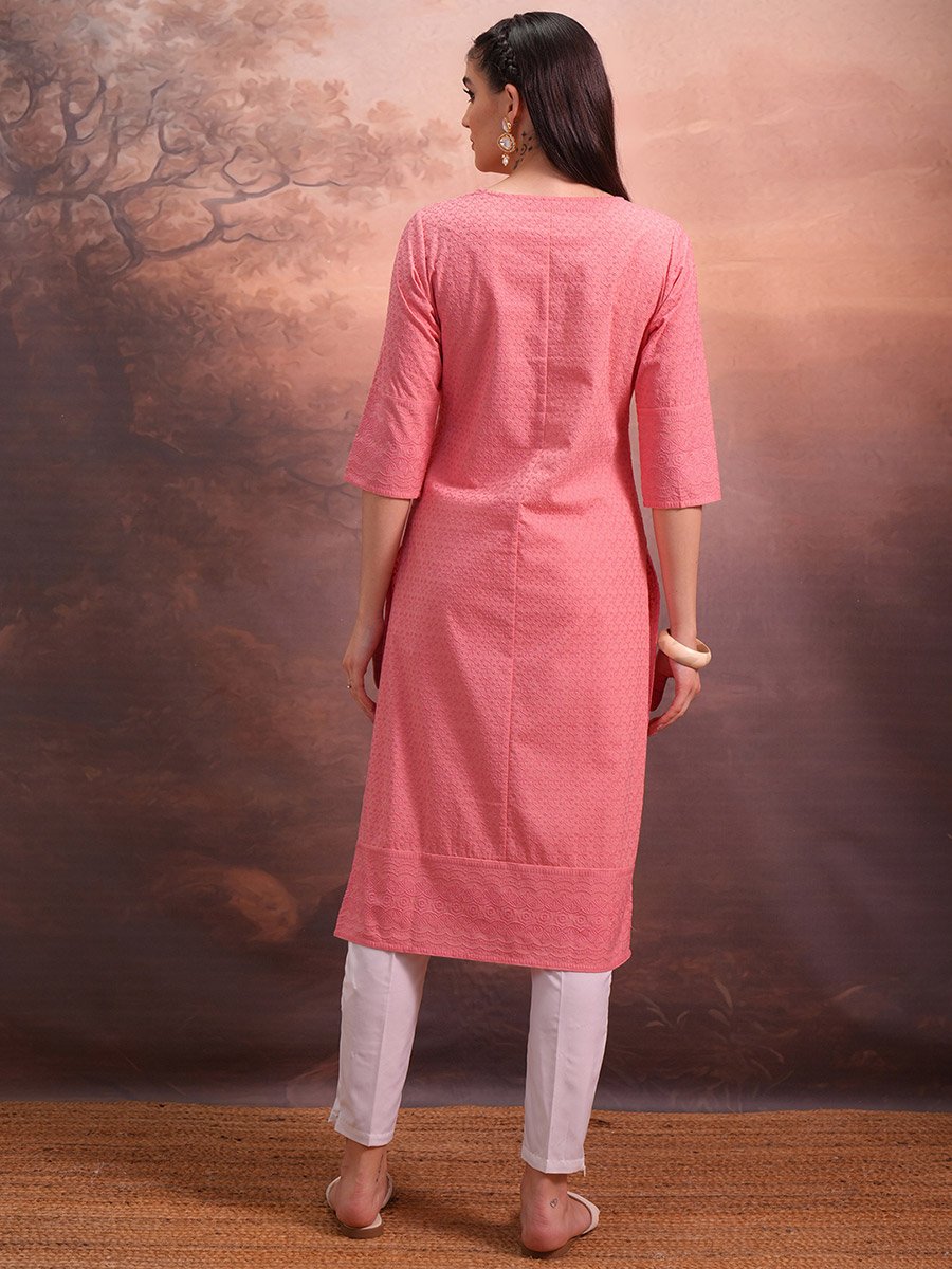 Pink Floral Embroidered Straight Kurta