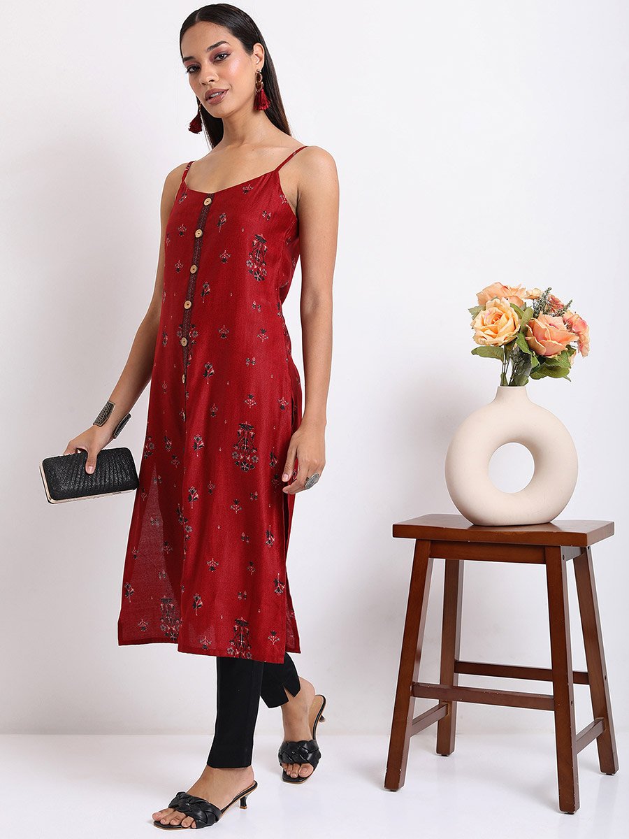 Women Red and Navy blue Ethnic Printed Shoulder Straps Kurta