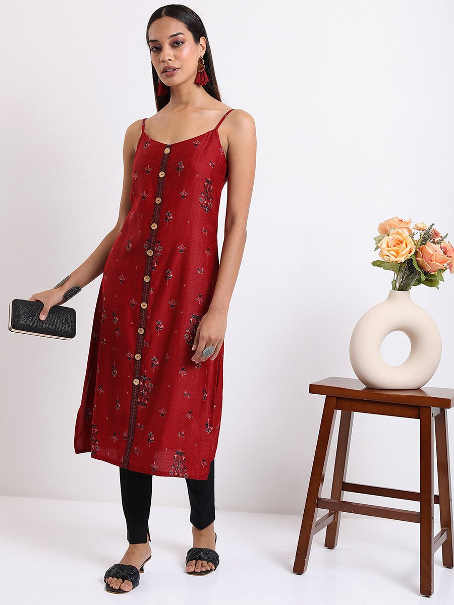 Women Red and Navy blue Ethnic Printed Shoulder Straps Kurta