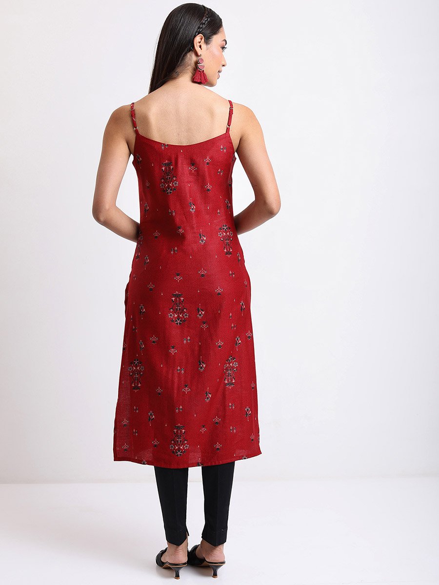 Women Red and Navy blue Ethnic Printed Shoulder Straps Kurta