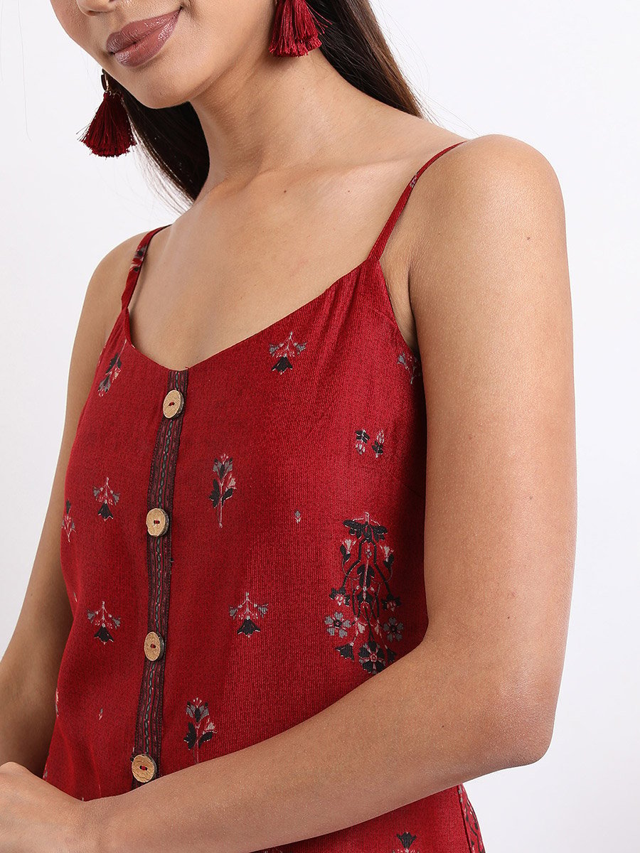 Women Red and Navy blue Ethnic Printed Shoulder Straps Kurta