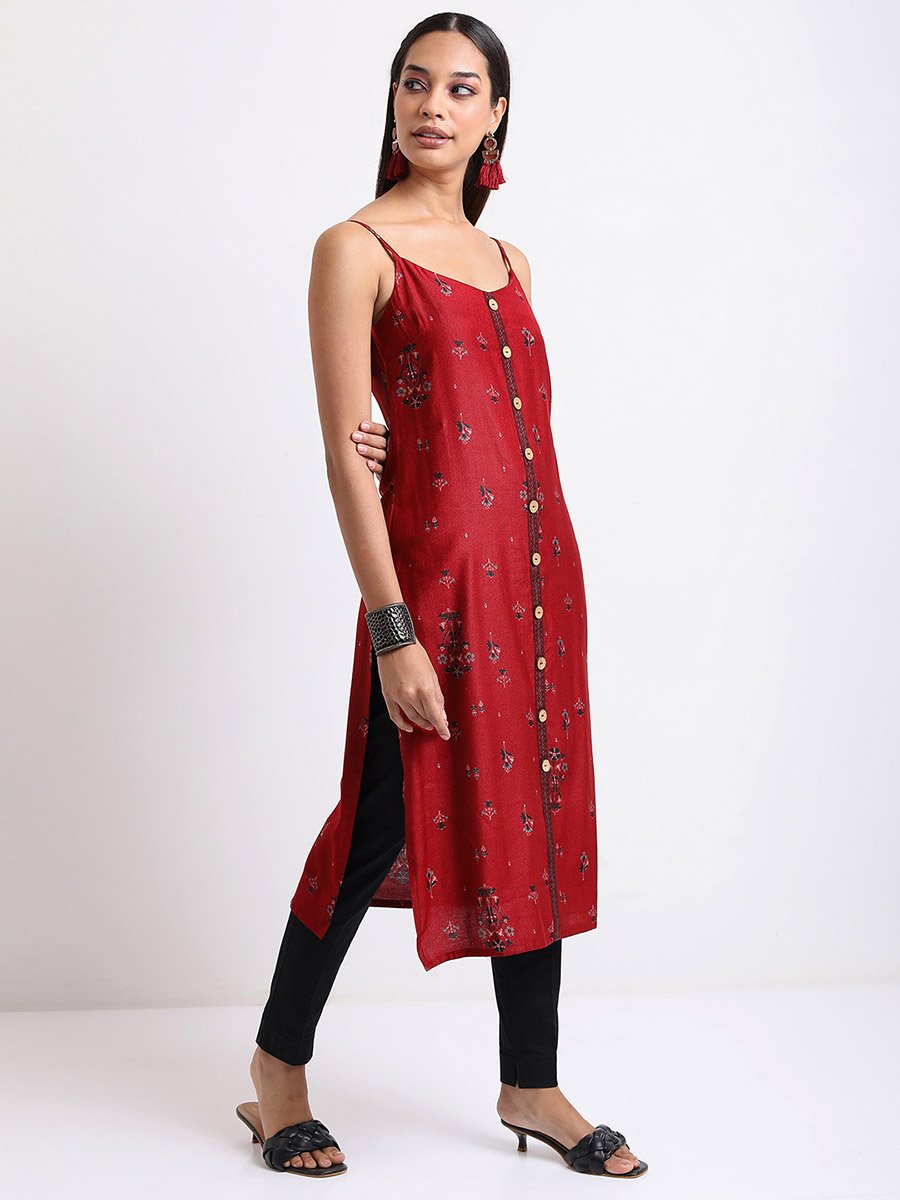Women Red and Navy blue Ethnic Printed Shoulder Straps Kurta
