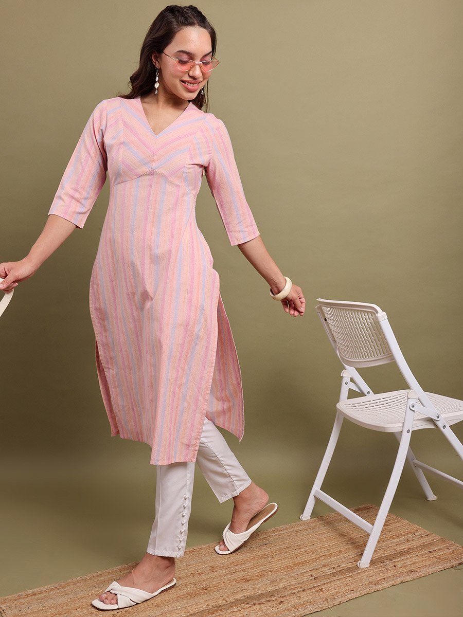 Women Striped V-Neck Cotton Kurta
