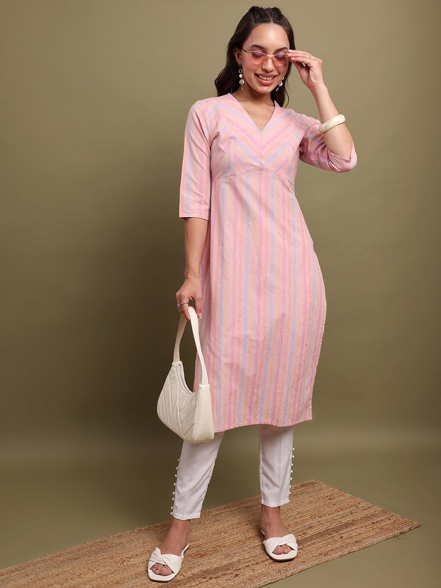 Women Striped V-Neck Cotton Kurta