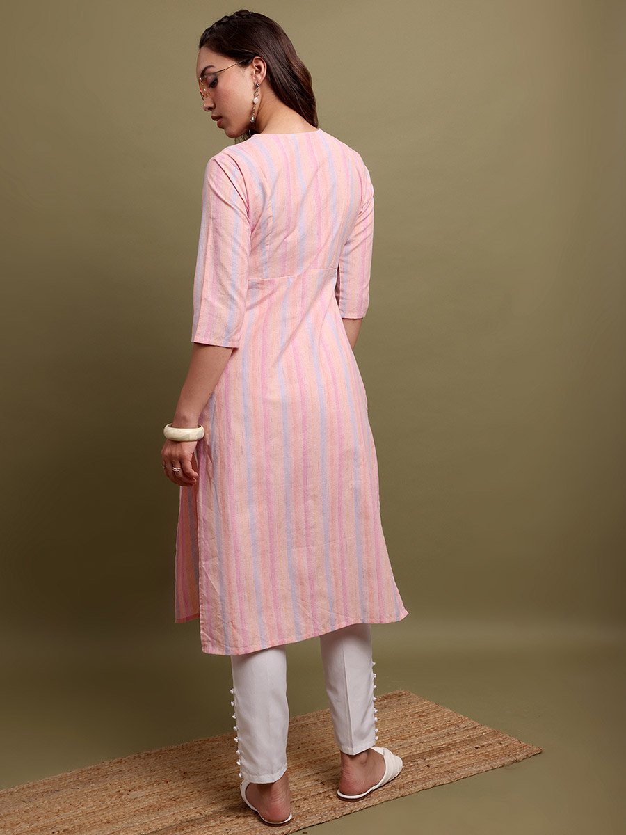 Women Striped V-Neck Cotton Kurta