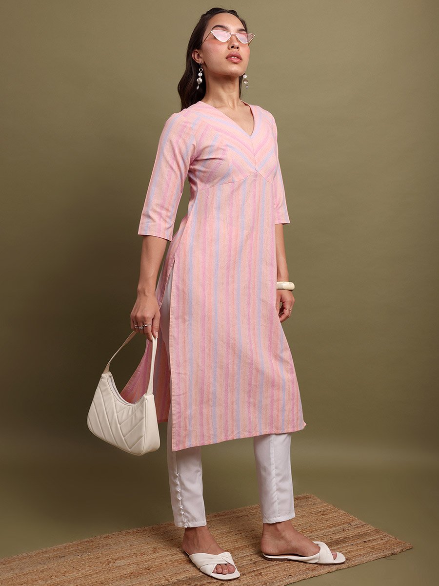 Women Striped V-Neck Cotton Kurta