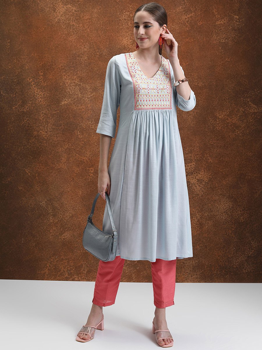 Ethnic Motifs Yoke Design Pleated Mirror Work A-Line Kurta