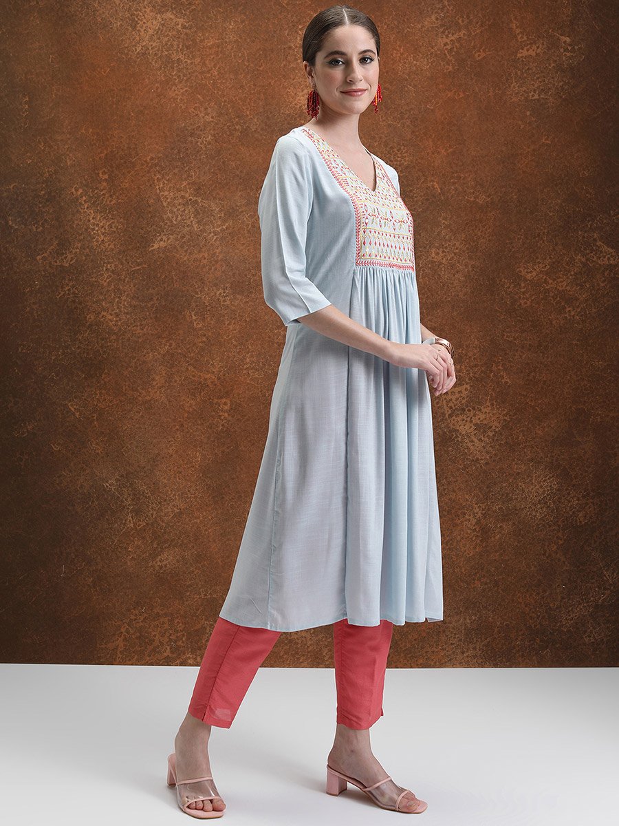Ethnic Motifs Yoke Design Pleated Mirror Work A-Line Kurta
