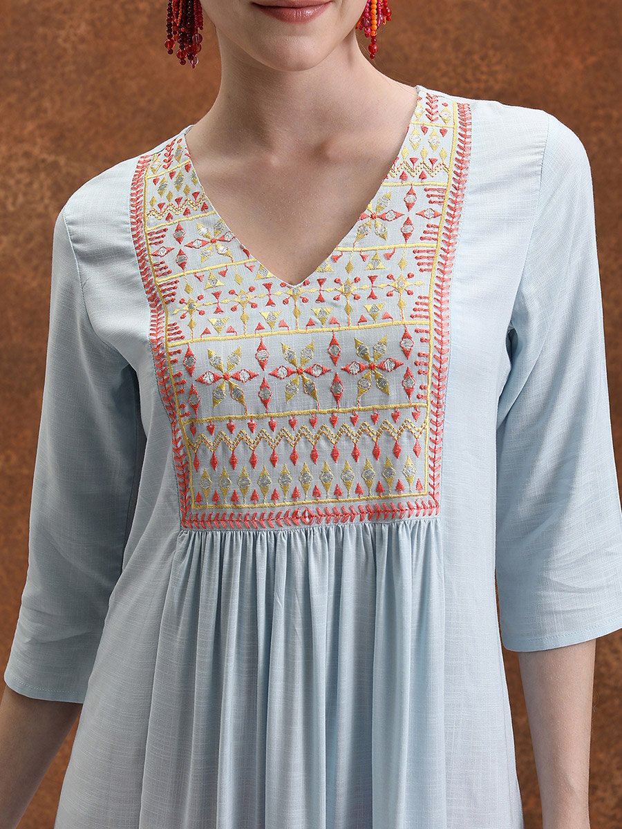 Ethnic Motifs Yoke Design Pleated Mirror Work A-Line Kurta