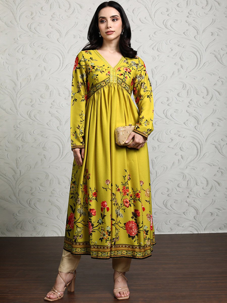 Women Green Floral Printed Anarkali Kurta