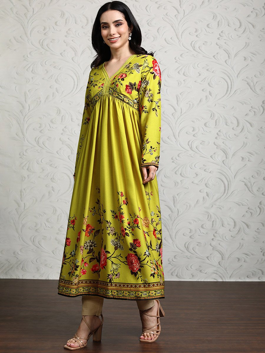 Women Green Floral Printed Anarkali Kurta