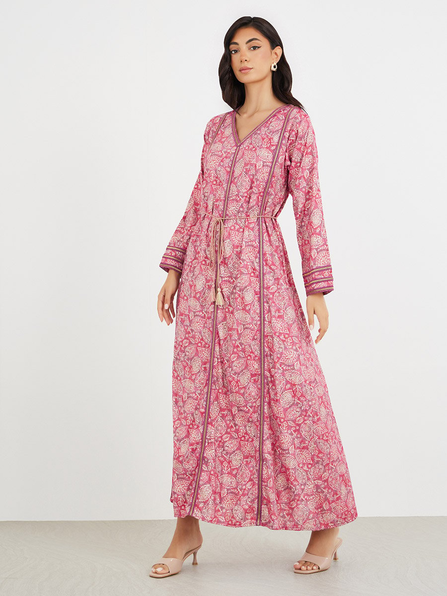 All Over Print V Neck Jalabiya with Lace Trim