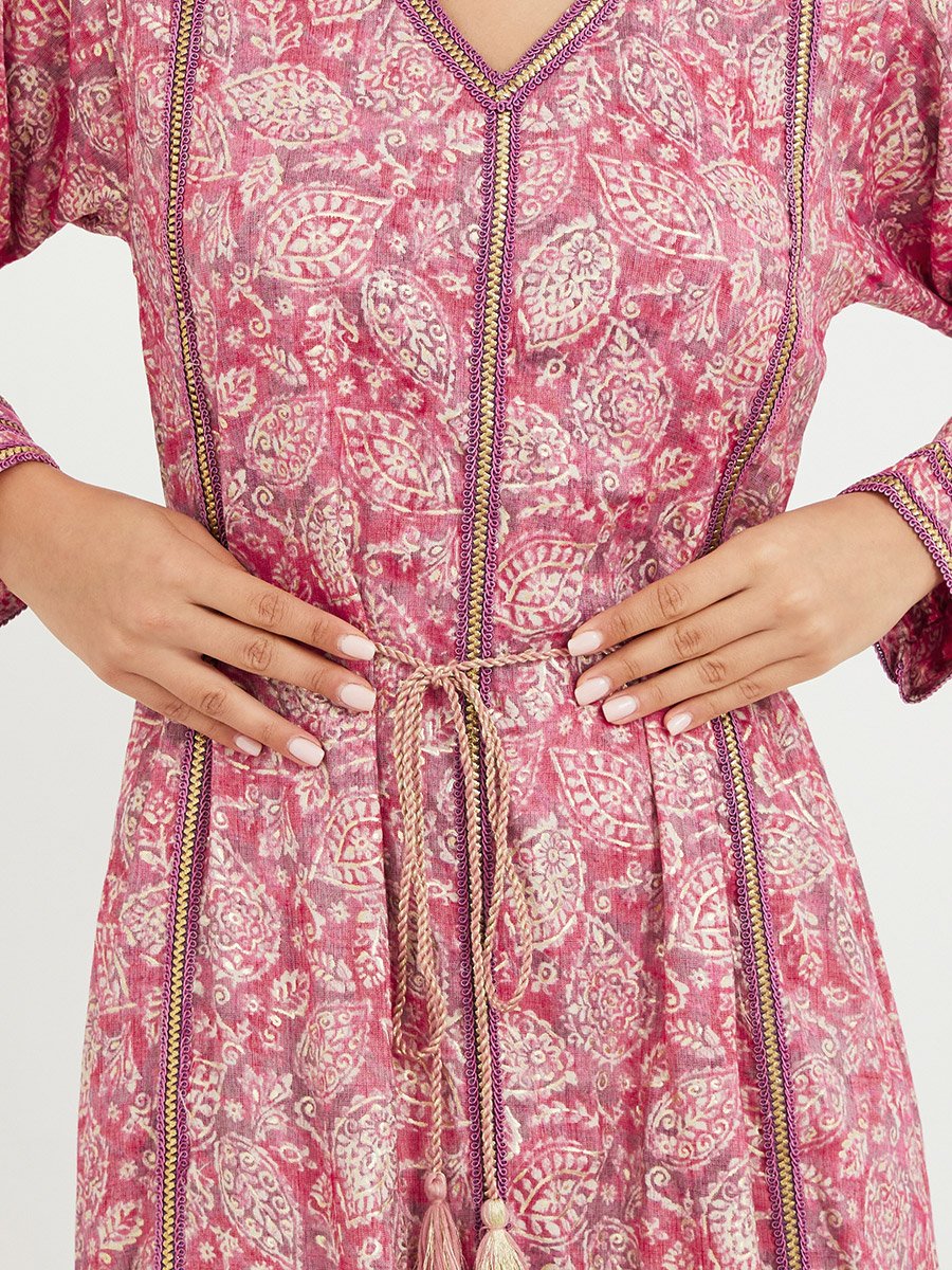 All Over Print V Neck Jalabiya with Lace Trim