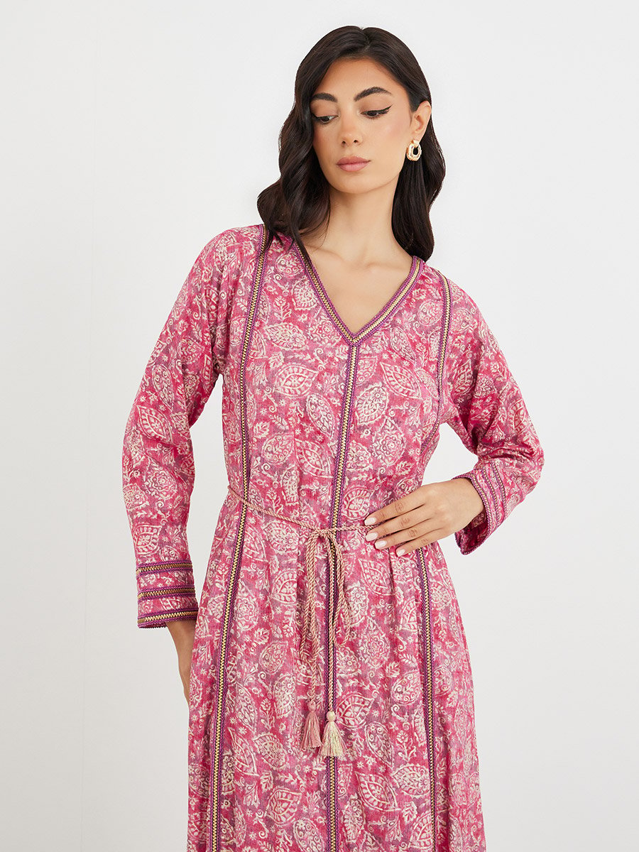 All Over Print V Neck Jalabiya with Lace Trim