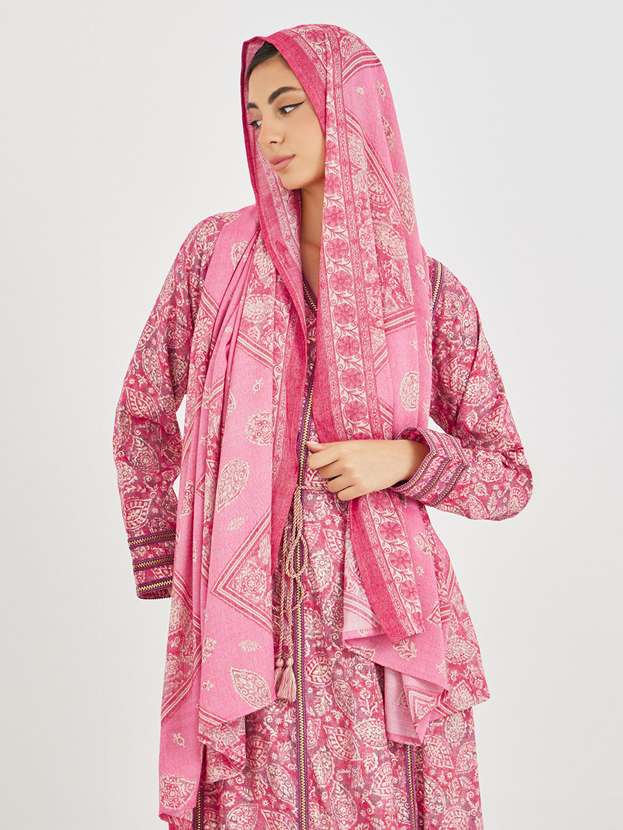 All Over Print V Neck Jalabiya with Lace Trim