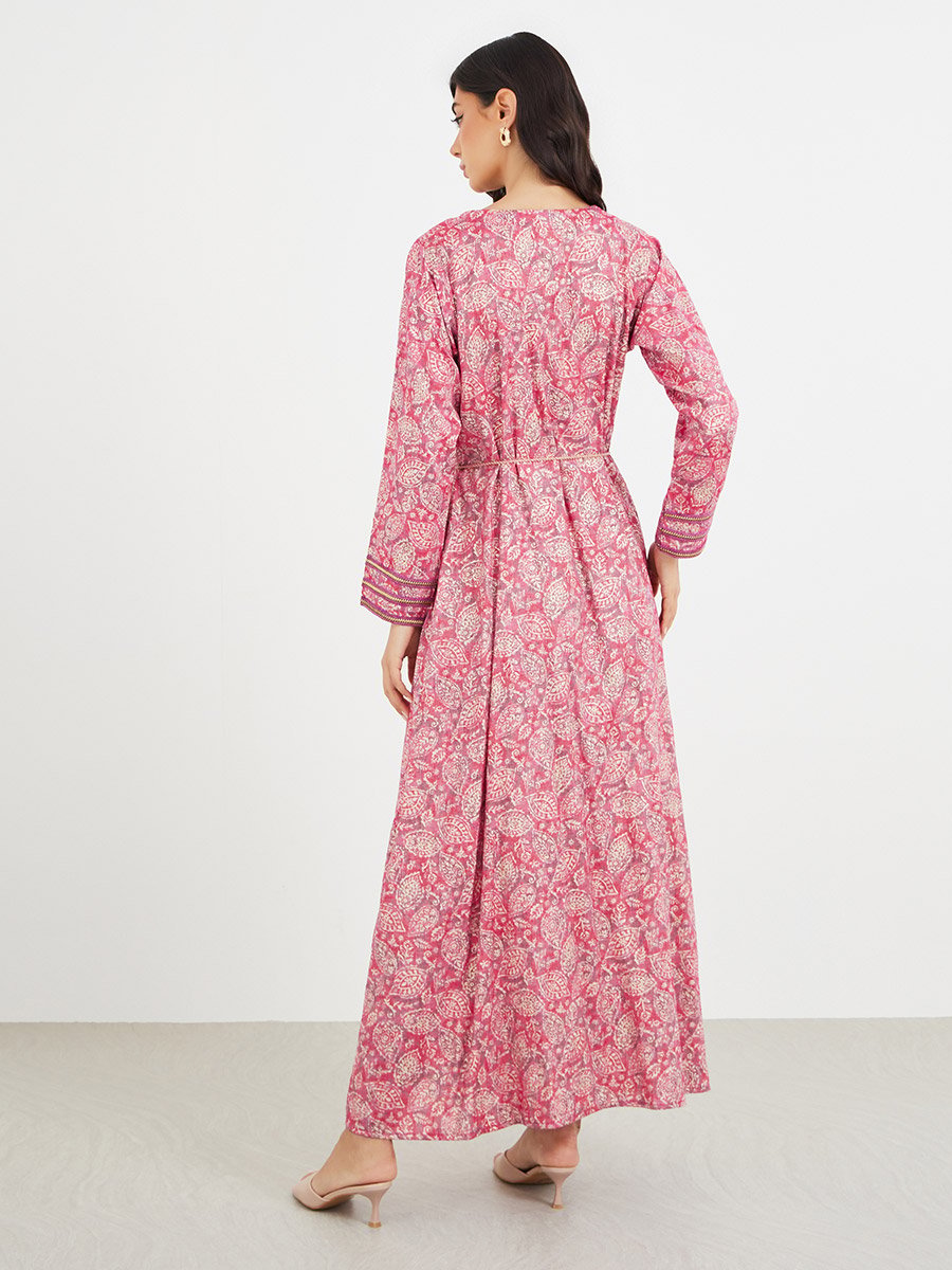All Over Print V Neck Jalabiya with Lace Trim