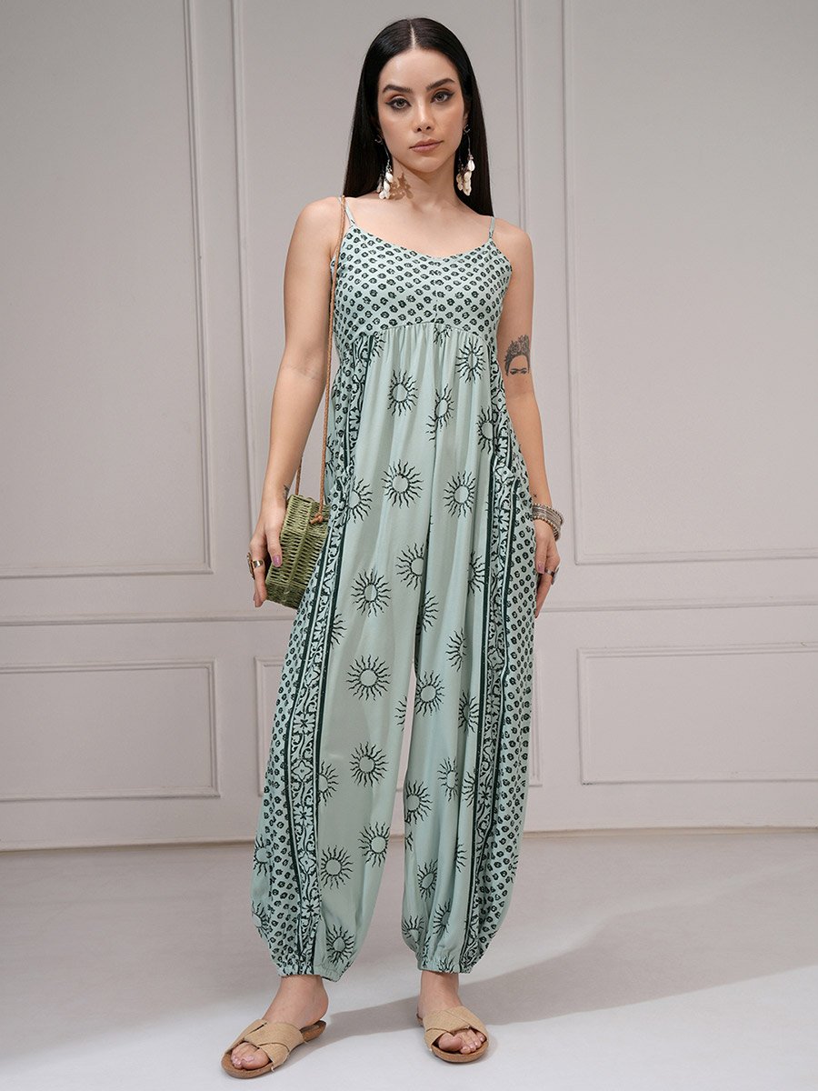 Women Green Wide Leg Printed Jumpsuit