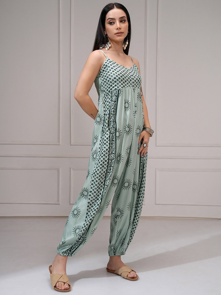 Women Green Wide Leg Printed Jumpsuit