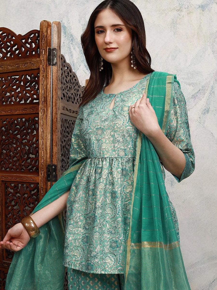 Blue Printed Keyhole Neck Sharara 