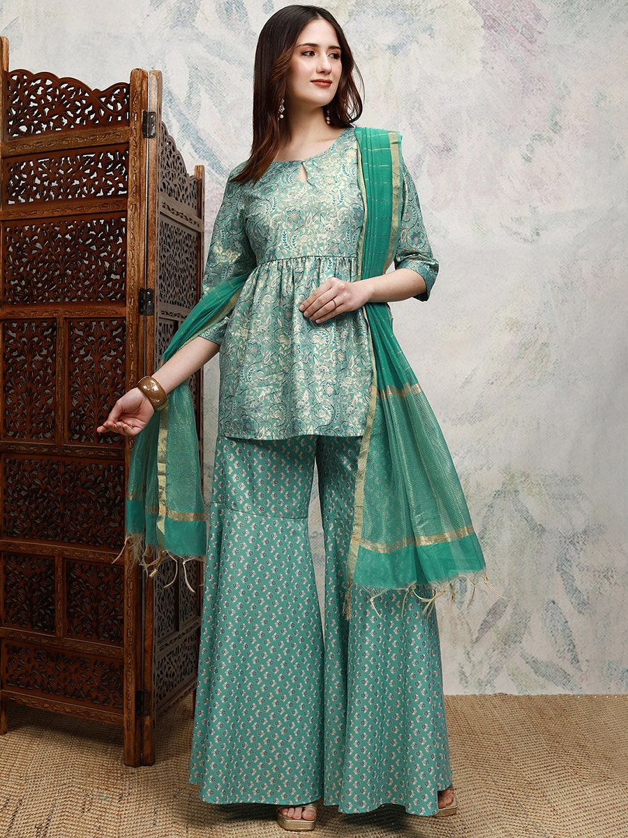 Blue Printed Keyhole Neck Sharara 