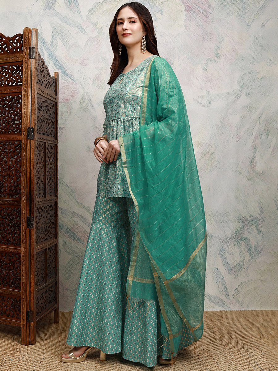 Blue Printed Keyhole Neck Sharara 